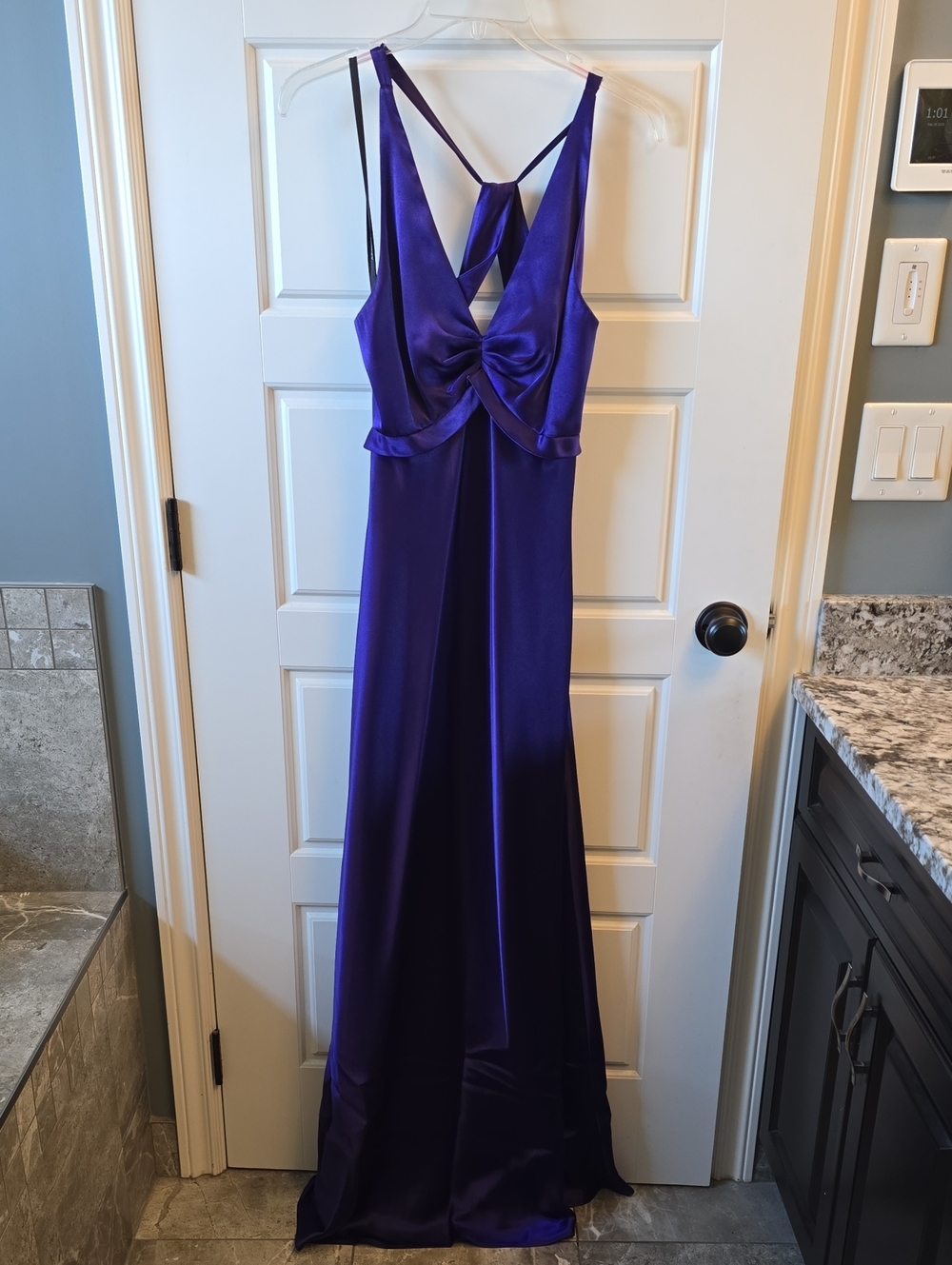 Satin Purple Twist-Front Prom Gown